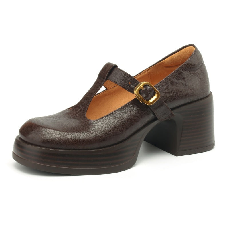 Sheepskin French Retro High Heel T Shape Buckle Thick Bottom Chunky Heel Women's High Heels
