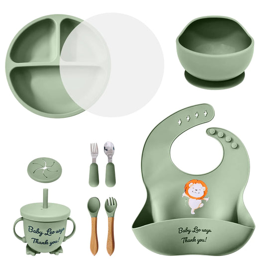 Baby Feeding Set 12 Piece Led Weaning Supplies Suction Bowl and Plate Divided Plate Spoon Fork Cup Adjustable Bib Baby Self Feeding Utensils - Baby Feeding Supplies (Green)