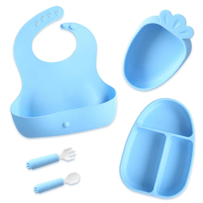 EuChoiz Silicone Baby Feeding Set Baby Led Weaning Supplies with Suction Bowl Divided Plate Toddler Self Feeding Dish Set with Bib and Plate Spoon and Fork Cute Carrot Blue