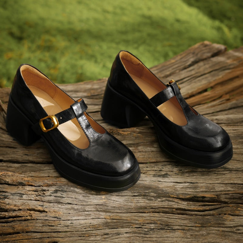 Sheepskin French Retro High Heel T Shape Buckle Thick Bottom Chunky Heel Women's High Heels