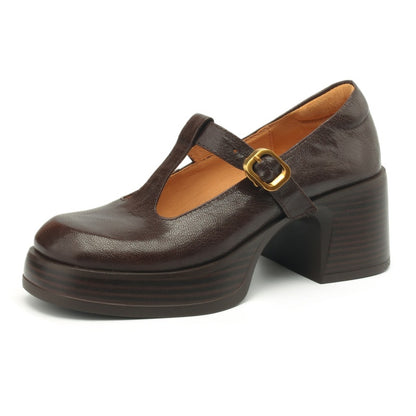 Sheepskin French Retro High Heel T Shape Buckle Thick Bottom Chunky Heel Women's High Heels