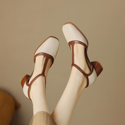Hole Sandals Female Summer Retro Style Color Block Chunky Heel Pumps