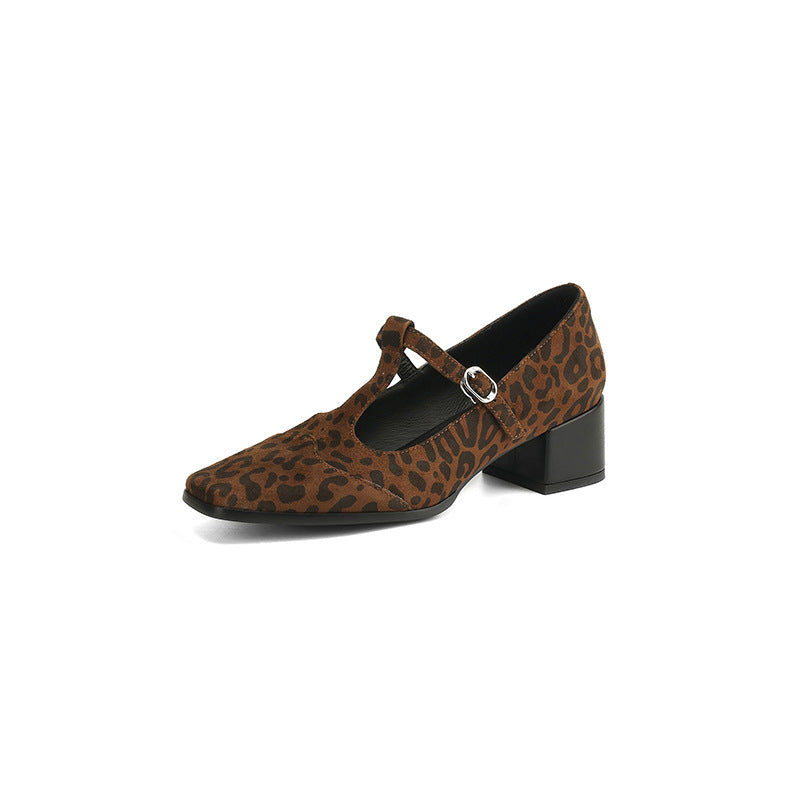 High Heel Vintage Leopard Print Square Toe Sheepskin Chunky Heel Pumps