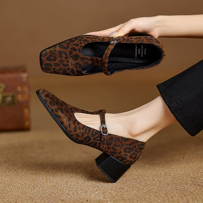 High Heel Vintage Leopard Print Square Toe Sheepskin Chunky Heel Pumps