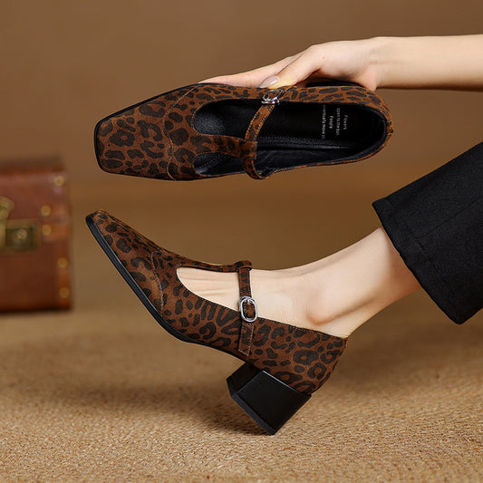 High Heel Vintage Leopard Print Square Toe Sheepskin Chunky Heel Pumps