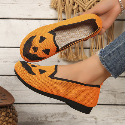 Women's Halloween Pumpkin Printed Breathable Flying Woven Shoes