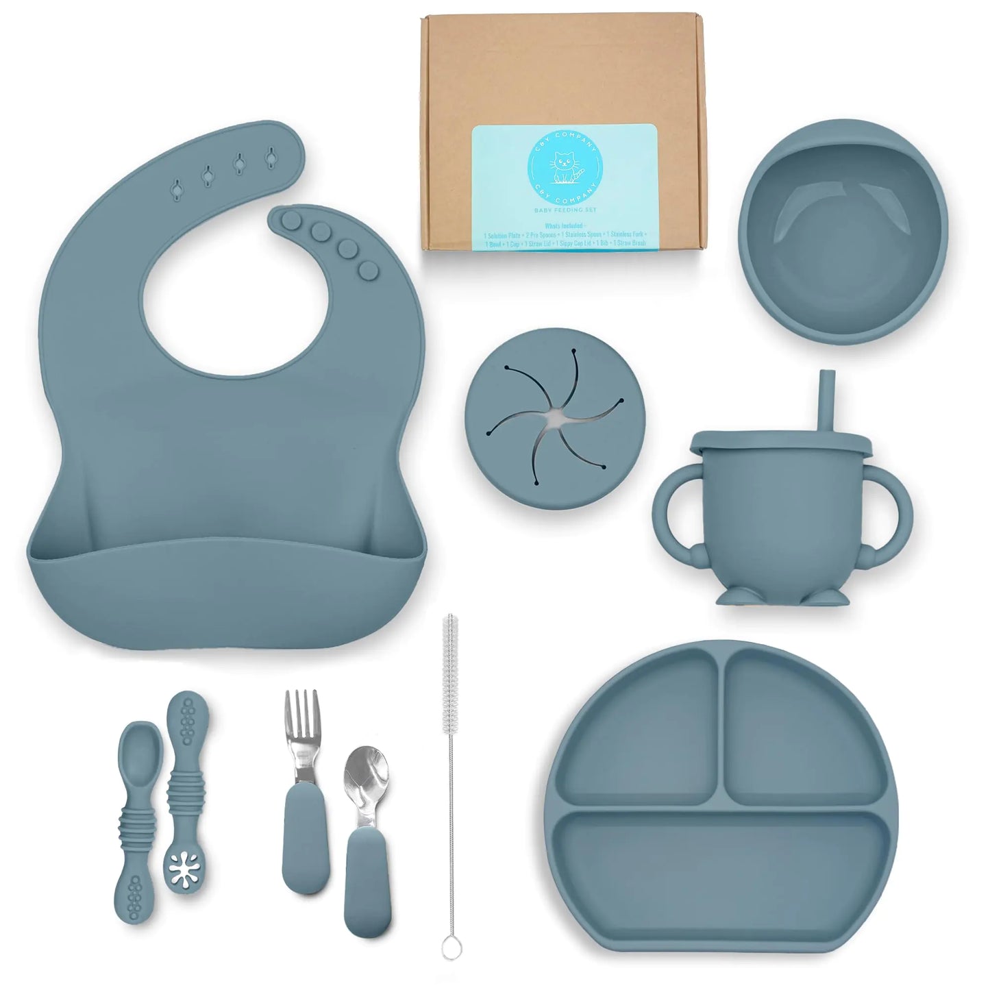Baby Led Weaning Supplies Silicone Baby Feeding Set–11Pcs Blue Baby Feeding Supplies with Suction Bowl and Plate Fork Spoon Bib Sippy Cup Food-Grade Silicone Baby Utensils